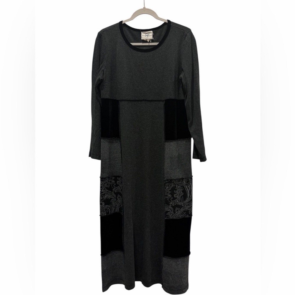 VTG Studio Ease Artsy Patchwork Velvet Charcoal Gray Maxi Dress Medium Lagenlook